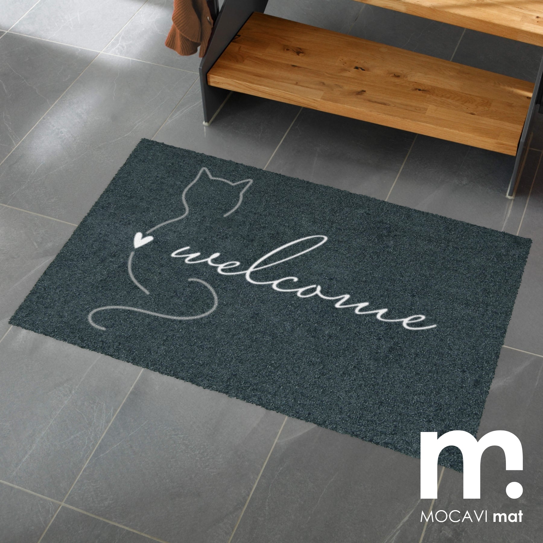 Fußmatte 45x70 Mat Katze welcome mit Rand anthrazit