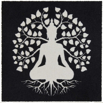 Teppich schwarz weiß Motiv Lebensbaum Yoga Buddha