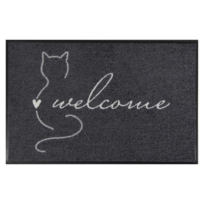 Fußmatte waschbar Welcome Katze mit Rand anthrazit