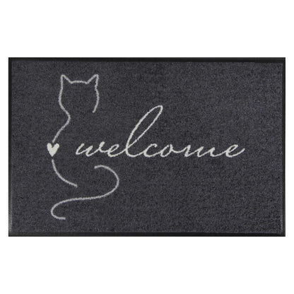 Fußmatte waschbar Welcome Katze mit Rand anthrazit